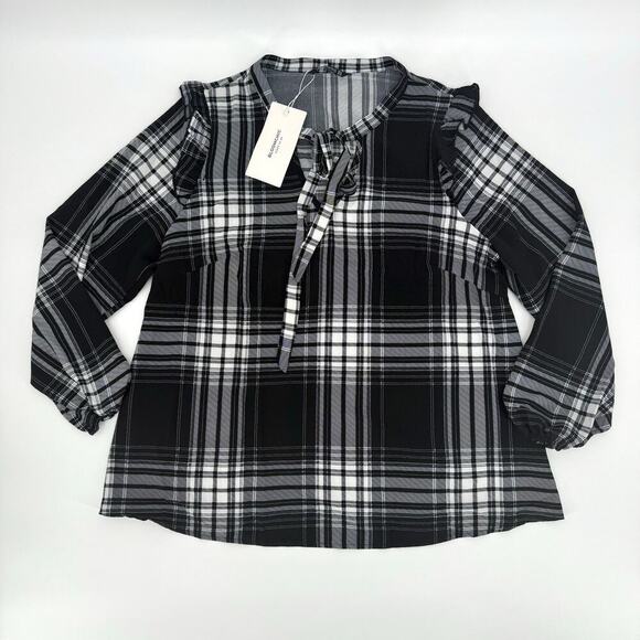 Bloomchic Plaid Tie Neck Lightweight Ruffle Sleeve Pullover Blouse Women Size 10 - Picture 3 of 9